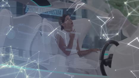 Animation-of-networks-of-connections-with-woman-sitting-in-white-vehicle