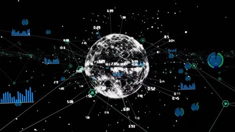 Digital-animation-of-globe-of-network-of-connections-spinning-against-black-background