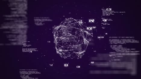 Animation-of-globe-of-network-of-connections-and-data-processing-over-purple-background