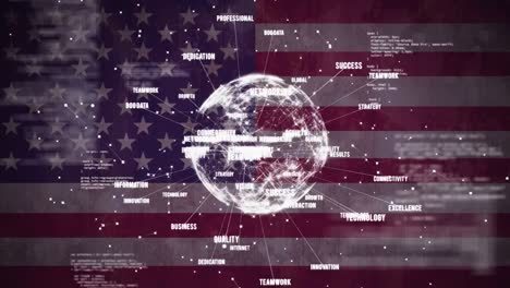 Animation-of-globe-of-network-of-connections-with-text-and-data-processing-over-american-flag