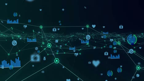 Digital-animation-of-network-of-green-glowing-digital-icons-moving-against-blue-background