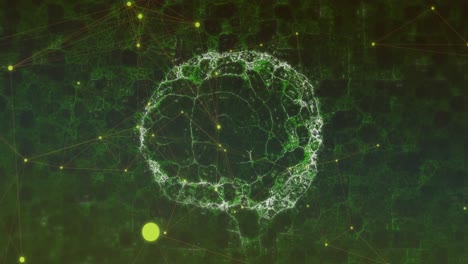 Digital-animation-of-network-of-connections-over-spinning-digital-brain-on-green-background