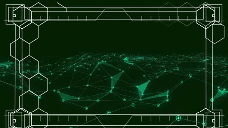 Animation-of-screen-with-hexagons-and-network-of-connections-over-green-background