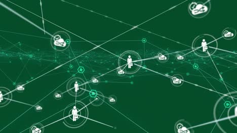 Animation-of-network-of-connections-with-digital-icons-on-green-background