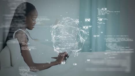 Animation-of-globe-of-network-of-connections-data-processing-over-woman-using-digital-tablet