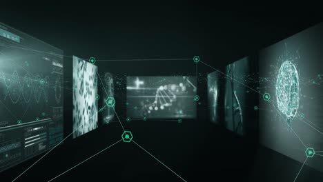 Animation-of-network-of-connections-and-medical-data-processing-on-screens