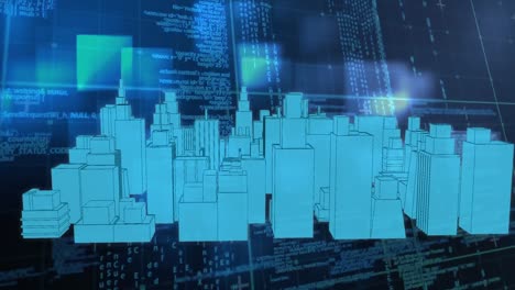 Animation-of-3d-blue-drawing-of-cityscape-spinning-over-grid-and-data-processing