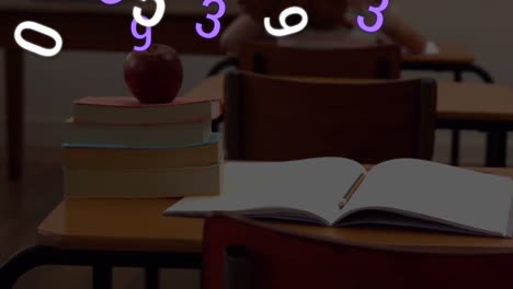 Digital-composition-of-changing-numbers-floating-against-apple-and-stack-of-books-on-wooden-desk-in-
