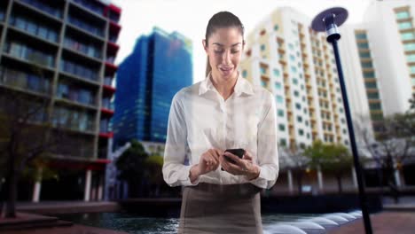 Animation-of-businesswoman-using-smartphone-with-modern-buildings-and-traffic-moving-in-fast-motion