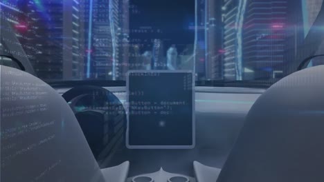 Animation-of-car-dashboard-with-tablet-and-data-processing-over-cityscape
