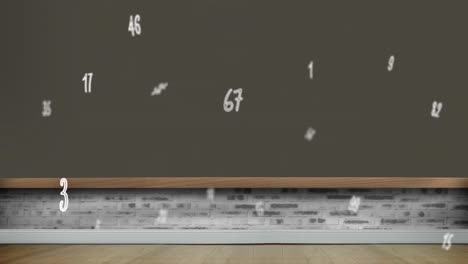 Digital-animation-of-multiple-numbers-and-symbols-floating-against-brick-wall