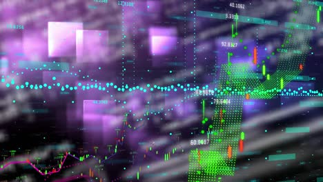 Animation-of-statistics-and-data-processing-on-glowing-purple-background