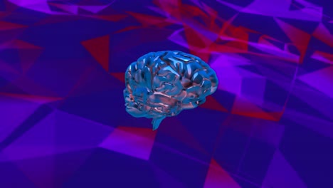 Animation-Eines-3D-menschlichen-Metallischen-Gehirns,-Das-Sich-über-Ein-Violettes-Und-Rotes-Netzwerk-Von-Verbindungen-Dreht