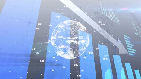 Animation-Von-Finanzdaten-Mit-Pfeilabsteigender-Verarbeitung-Und-Globus-Von-Netzwerkverbindungen