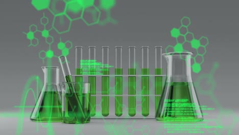 Animation-of-chemical-compound-structures-and-data-processing-against-test-tubes-and-beakers-with-gr