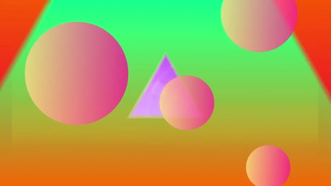 Animation-of-multiple-pink-to-orange-balls-over-glowing-pink-to-blue-triangle