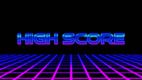 Animation-of-high-score-text-in-glowing-blue-letters-over-blue-neon-glowing-grid