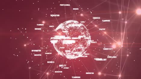 Animation-of-globe-of-connections-with-words-spinning-over-glowing-network-on-brown-background
