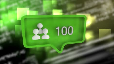 Animation-of-green-speech-bubble-with-people-icon-and-numbers-growing-on-glowing-background