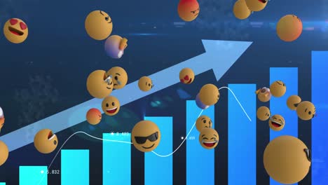 Animation-Von-Emoji-Symbolen,-Die-über-Der-Linie-Schweben,-Mit-Finanzdatenverarbeitung-Und-Aufsteigendem-Blauen-Pfeil