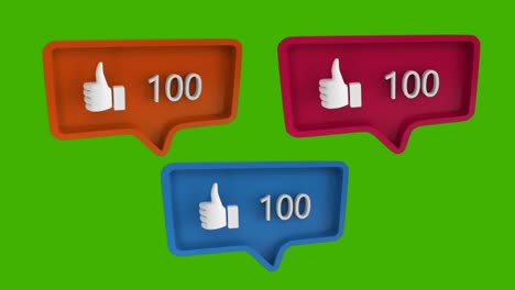 Animation-of-three-orange,-red-and-blue-speech-bubbles-with-thumbs-up-icons-and-numbers-growing-on-g