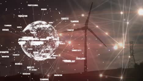 Animation-of-globe-of-connections-with-words-spinning-over-wind-turbines