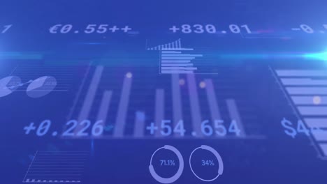 Animation-Der-Finanzdatenverarbeitung-Und--statistik-Der-Börse-Auf-Blauem-Hintergrund