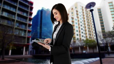 Animation-of-businesswoman-using-smartphone-in-city-in-fast-motion