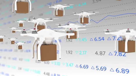 Animation-of-stock-exchange-financial-data-processing-with-drones-carrying-boxes