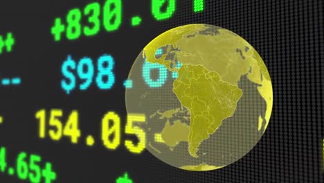 Animation-of-stock-exchange-financial-data-processing-over-yellow-globe