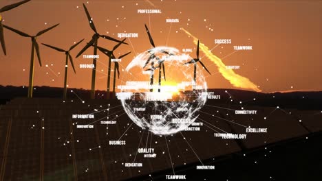 Animation-of-globe-of-connections-with-words-spinning-over-wind-turbines