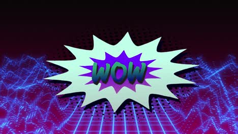 Animation-of-wow-text-in-retro-speech-bubble-over-blue-glowing-mesh
