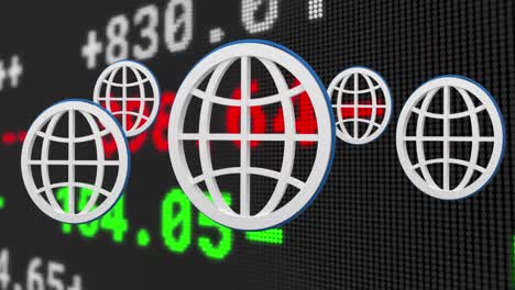 Animation-of-stock-exchange-financial-data-processing-and-white-globes