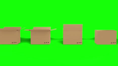 Seamless-row-of-brown-cardboard-boxes-with-lids-opening-on-green-screen-background
