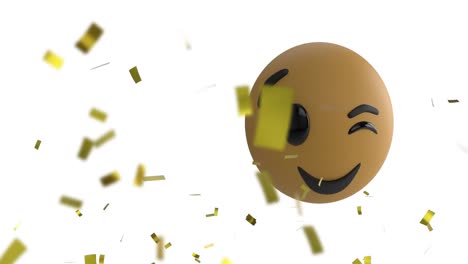 Animation-of-gold-falling-over-smiling-and-winking-emoji-on-white-background