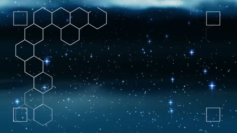 Animation-of-glowing-multiple-green-hexagons-with-white-frame-over-glowing-stars-on-night-sky