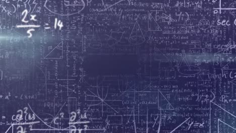 Digital-animation-of-mathematical-equations-and-diagrams-floating-against-blue-background