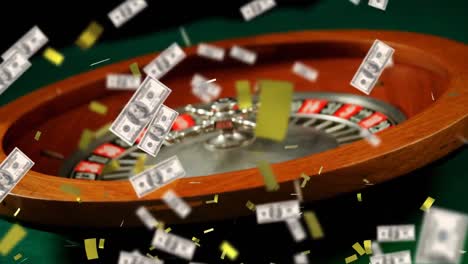 Animación-De-Confeti-Y-Billetes-De-Dólares-Americanos-Cayendo-Sobre-La-Ruleta-Del-Casino-En-Segundo-Plano.