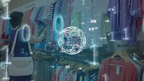 Animation-of-globe-of-network-of-connections-and-binary-data-processing-over-woman-clothes-shopping