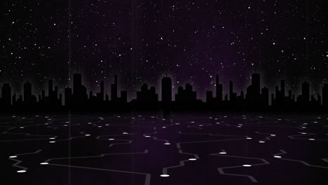 Animation-of-glowing-white-points-with-light-trails-against-cityscape-and-night-sky-with-stars
