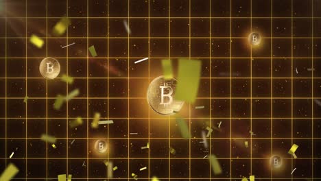 Animation-of-confetti-falling-over-gold-bitcoins-on-glowing-grid-in-background
