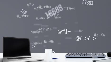Digital-animation-of-laptop-and-coffee-cup-multiple-changing-numbers-and-symbols-on-grey-background