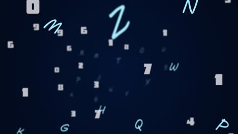 Animation-Von-Zahlen-Und-Buchstaben,-Die-Sich-Auf-Dunkelblauem-Hintergrund-ändern