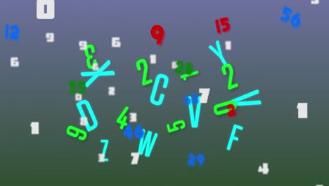 Digitale-Animation-Mehrerer-Wechselnder-Zahlen-Und-Alphabete,-Die-Vor-Blauem-Hintergrund-Schweben