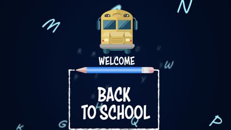 Digital-animation-of-welcome-back-to-school-text-against-school-bus-icon-against-multiple-alphabets-
