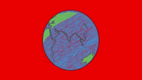 Animación-Del-Planeta-Tierra-En-Azul-Y-Verde-Girando-Sobre-Fondo-Rojo