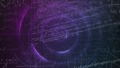 Animation-of-data-processing,-mathematical-equations-on-pink-to-blue-circles-pulsating-in-background