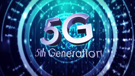 Animation-of-5g-5th-generation-text-over-spinning-globe-and-scope-scanning
