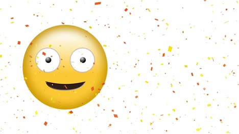 Animation-of-red-and-yellow-confetti-falling-over-smiling-and-winking-emoji-on-white-background