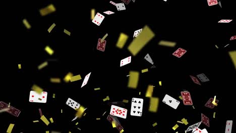 Animation-of-confetti-and-playing-cards-falling-on-black-background